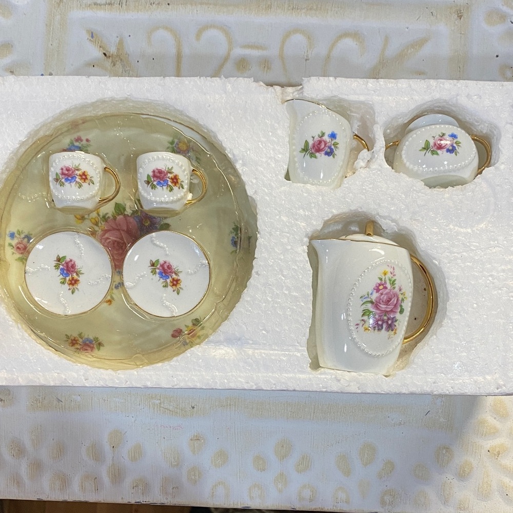 Floral Porcelain Tea Set with Gold Accents